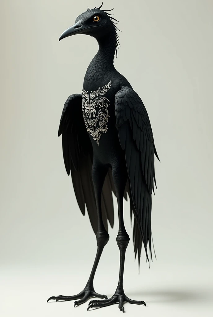  create a picture of a black tiziu bird shirtless skinny and tall wearing barefoot pants, black with small tattoo details of white phrases on the chest 