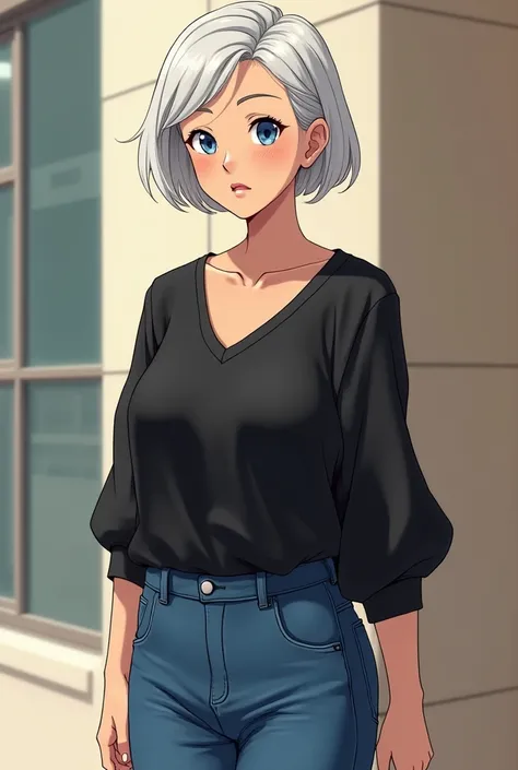 Make an elderly woman with a slim body wearing jeans with a black blouse with big breasts in the anime waifu style