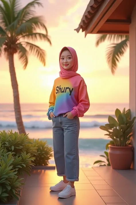 a beautiful Korean woman wearing a rainbow shirt that says SHURY, pink hijab, loose jeans and white shoes, smiling and standing on the balcony of a villa on the beach, palm trees and beautiful waves, the atmosphere of the evening sunset, the detailed 3D ef...