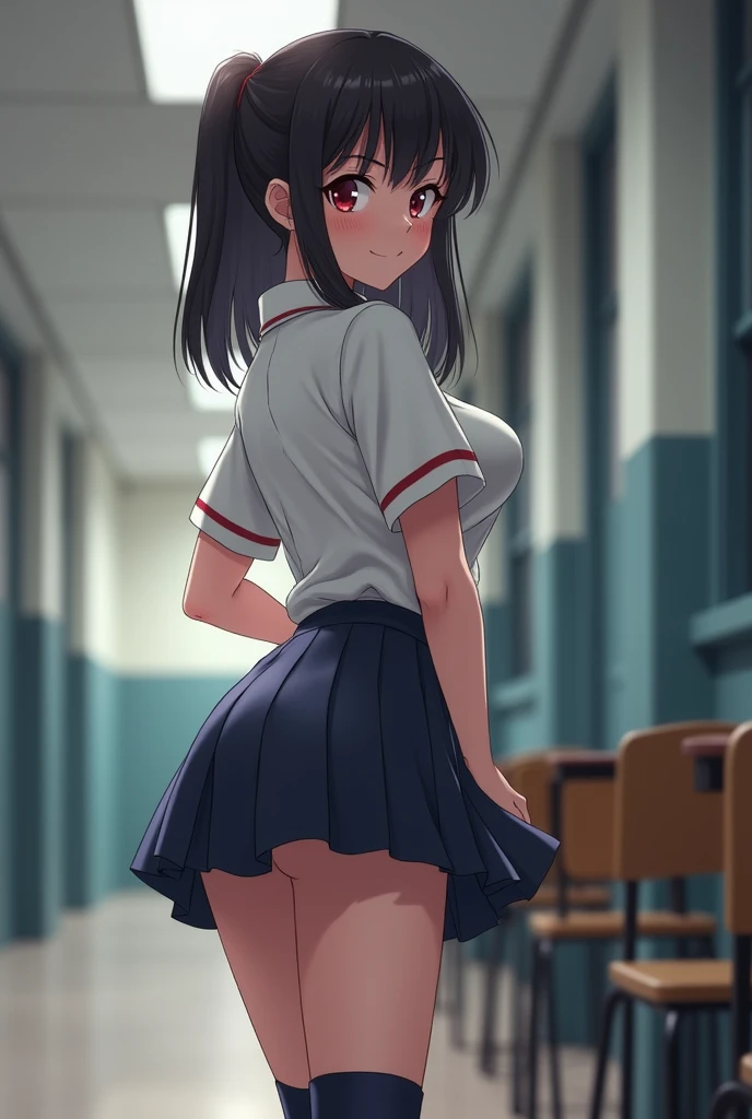 Girl in a schoolgirl uniform shows off her ass