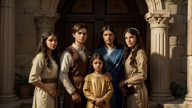 "A biblical-style painting of an 18-year-old Daniel with his family in ancient Judah. Daniel, a strikingly handsome young man, stands prominently among his family, all dressed in traditional Jewish garments of royal lineage. The scene is set in a dimly lit...