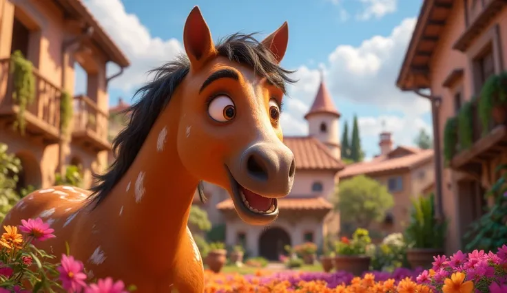 A light brown horse with white spots on the farm. with a background filled with trees and flowers, and a bright blue sky in a vibrant and warm 3D style similar to that of Pixar.”