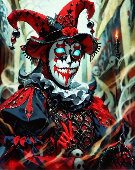 Crimson jester ,  red and black jester costume full body pattern ,  smiley white mask , pose a left hand holding a scythe right hand holding a red fire bolus,  bloody carnival background on dead bodies 