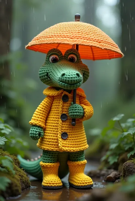 Crocheted crocodile in a raincoat and yellow boots with a tilde umbrella 