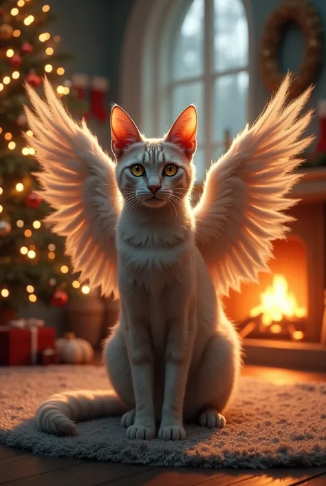 Help me create a winged cat in a house with a Christmas tree and a fireplace