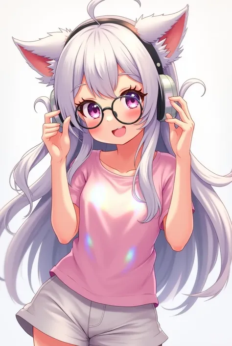  The character in the picture is an animated 18-year-old girl with a cute style.  The character has long white hair , wearing fluffy headphones and round glasses . She wore a reflective pale pink T-shirt and short white skirt.  On the head the character ha...