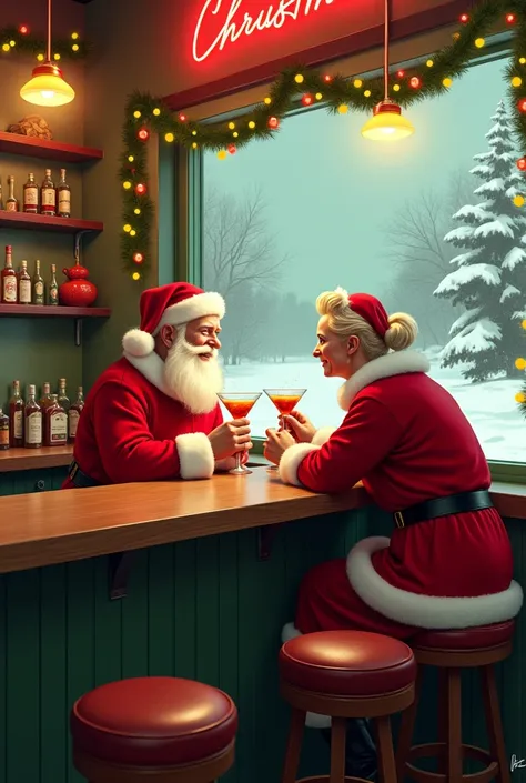 Vintage mode , Santa Claus and Mrs. Claus drinking cocktails and drinks at a bar in a bar from the 1950s and outside through a window you can see that its snowing vintage way