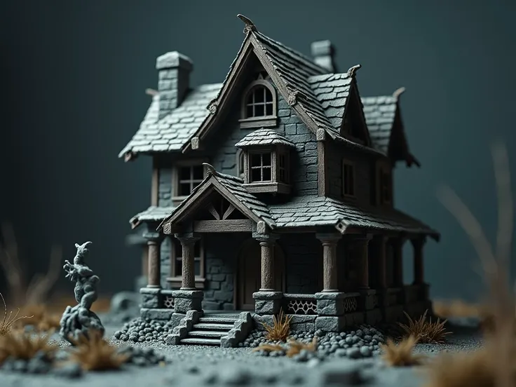 3d printed toy house, of terror, stone, wooden roof