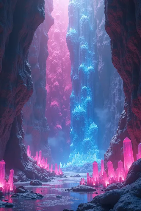  I want a place with bright pink and blue crystals ,  and where on the stone wall the crystals form the words Samantha and Fabrizzio 