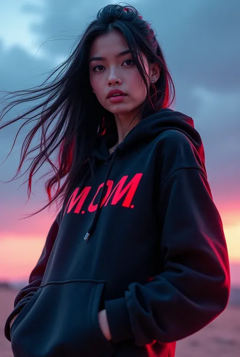 Cinematic illustration of a ( beautiful Indonesian women) 8:16, futuristic, wearing a "M.O.M." black hoodie with striking (red blue) fashion accents. She has striking brown eyes and black hair, which flows gently in the digital wind. The background is a 3D...