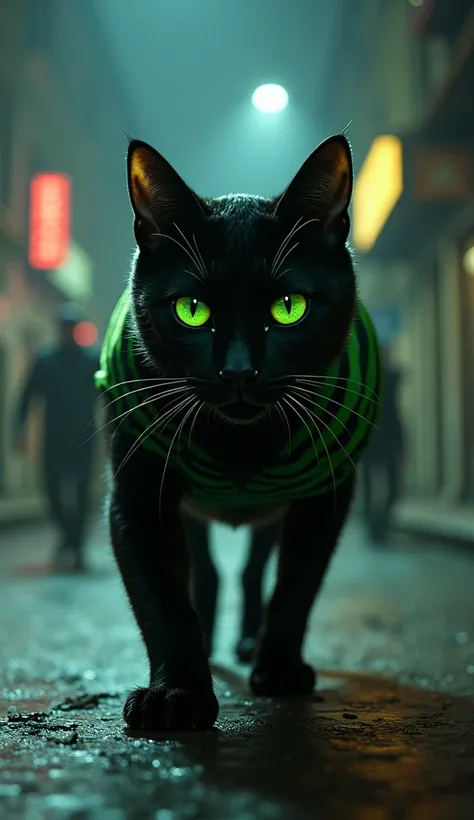 In cinematic 3D style ,HD image, realistic image ,colourful image and 3D rendering.
character,A muscular black cat with piercing green eyes, dressed in a wearing a zebra striped dress
character,It is night time, big black cat there is a deserted street and...