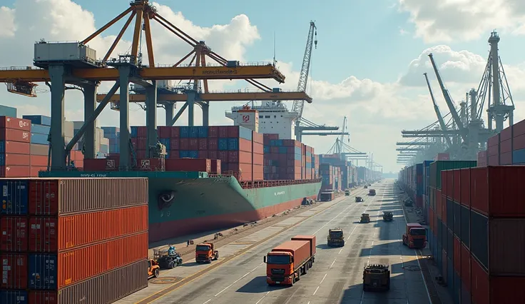 loading port with lots of containers and huge machines,  extremely realistic 