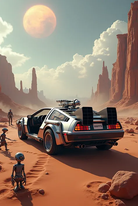 An ultra realistic photo of a modern and futuristic version of Delorean from the movie Back to the Future on planet Palpatine from the movie Star Wars with droids and aliens admiring him