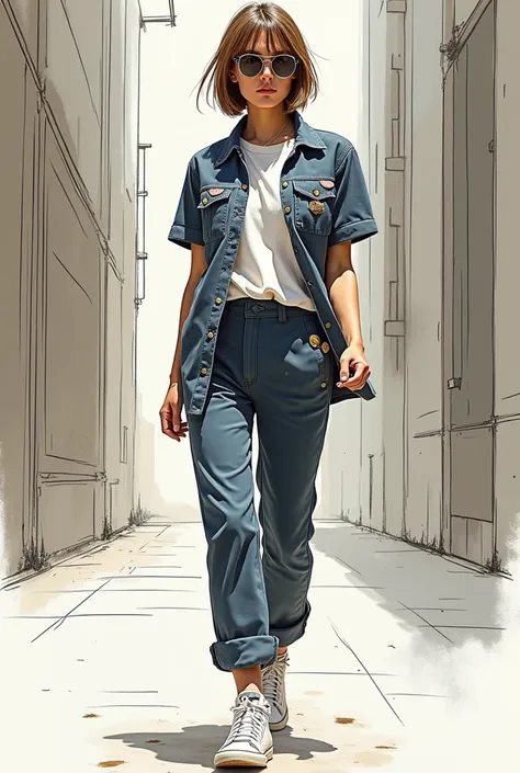  make me a sketch of a jumpsuit and t-shirt in a scene ,  showing pockets and brooches .  in size  
