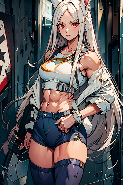 rumi usagiyama the heroine rabbit mirko long white hair,ojos rojos,  white rabbit ears wears a crop top , blue denim pants , whi...