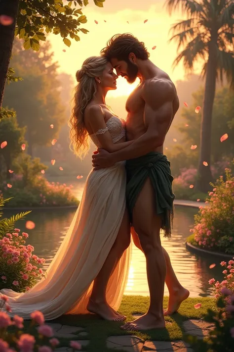  Aphrodite and Ares together in a garden at sunset , showing their romantic connection  