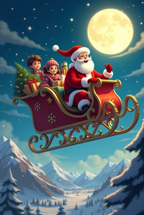 A flying Santa Claus sleigh with gifts where Alex and Rafita put it