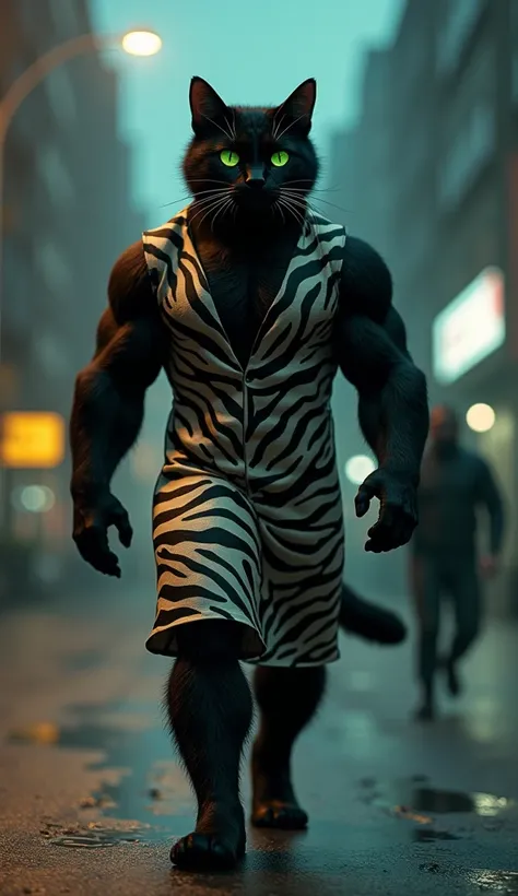 In cinematic 3D style ,HD image, realistic image ,colourful image and 3D rendering.
character,A muscular black cat with piercing green eyes, dressed in a wearing a zebra striped dress
character,It is night time, a muscular big black cat there is a deserted...