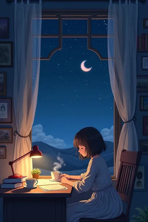 A realistic anime-style illustration featuring a "lofi girl" sitting by a window at night. Outside the window, a dark sky filled with twinkling stars and a glowing crescent moon can be seen. The room is softly lit by a small desk lamp, casting a warm and c...