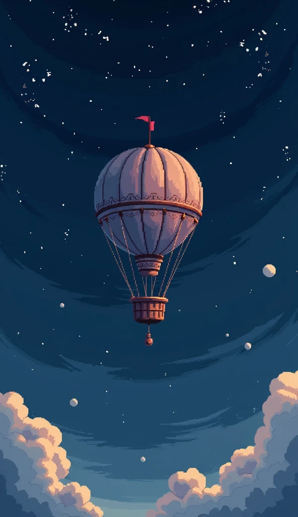 pixel art, ((1 a dirigible balloon fantasy)), night, clouds, stars, (sky), top down view