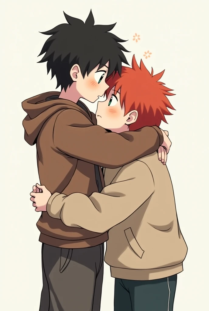  I want an anime-style image of two boys hugging ,  one of the boys is white short black hair ,something short ,  skinny and wears pretty ugly clothes  (like tops)  and the other boy is white has red hair ,  short and with curlers he wears wide clothes and...