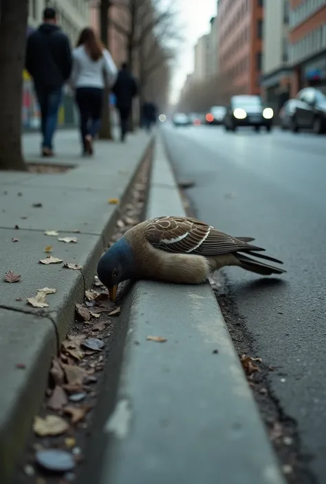  Same  boy walking on the curb of the sidewalk , Find a fallen bird , almost dead .

Bend down to catch the bird on the curb.


 You can do this street anyway, Just take the boy out of the picture  
