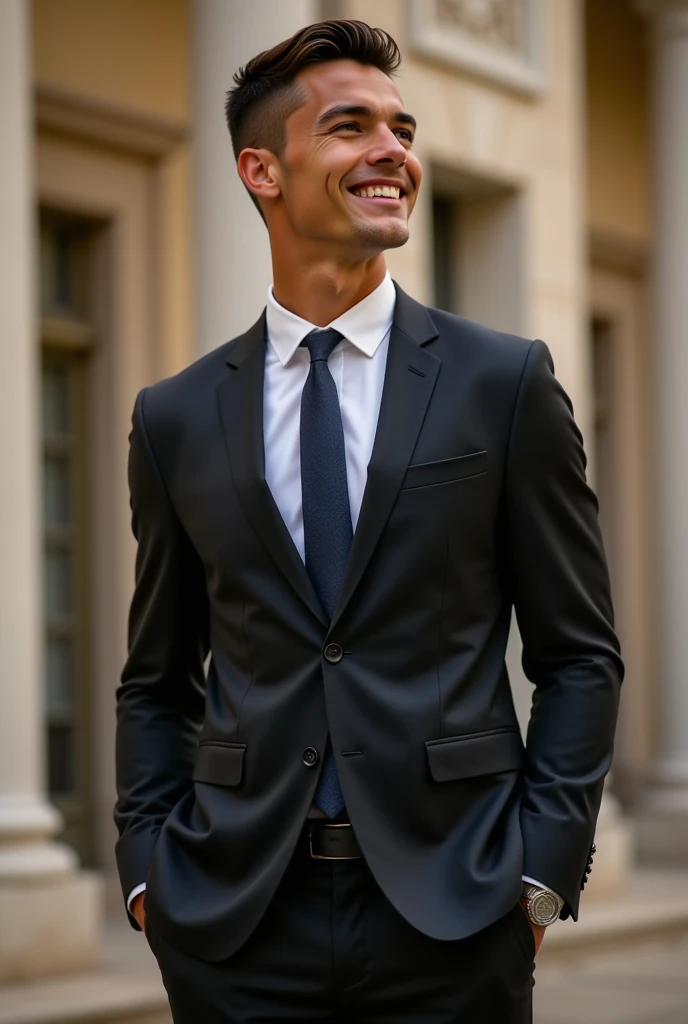 Full body shot of Ronaldo in a suit, small head, extremely detailed skin, in a huge mansion, smiling, blurred background.