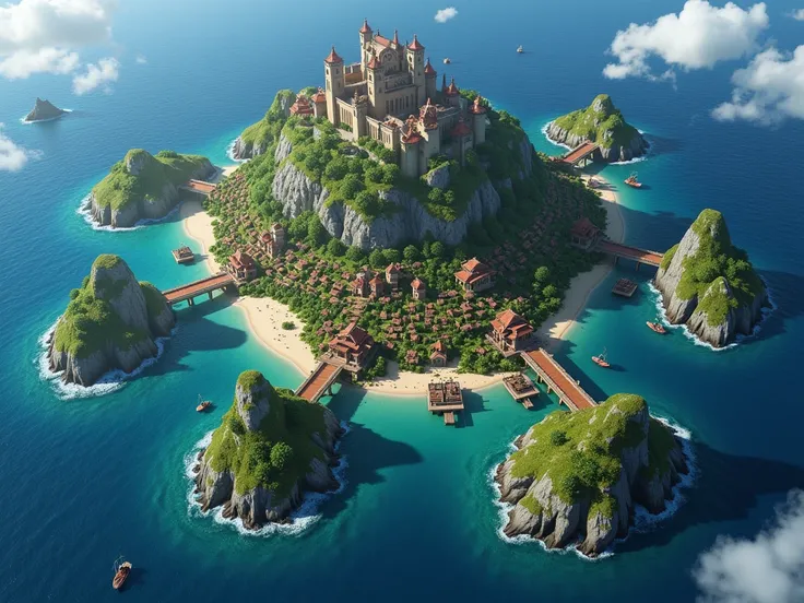  Visualize an aerial view :  in the middle of the vast sea ,  there are five islands ,  each with a specific function .  One of them is dedicated to food production ,  another for the extraction of ores ,  a third houses the blacksmiths ,  another one is i...