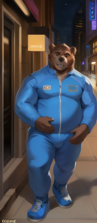 Solo, male Tall​, standing, street, bear , blue military spacesuit, overweight, muscular,Scary smile, by chunie