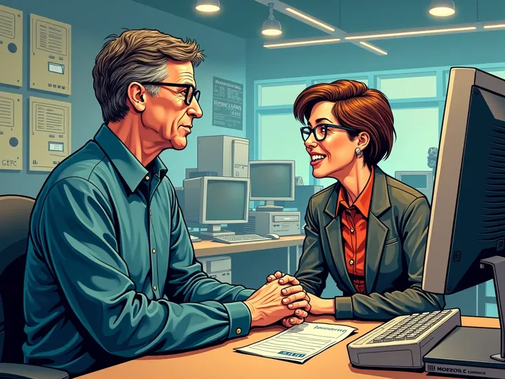 in comic style, generates an image where Bill Gates is buying software from an unknown company