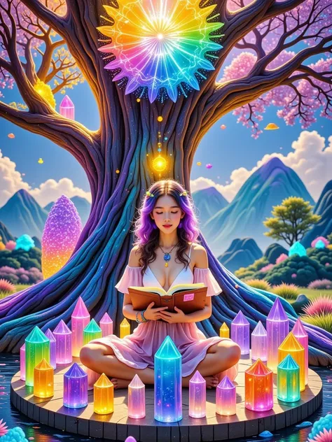 Imagine an ethereal fantasy landscape filled with a myriad of colors pastel. In this serene scene, a person of Asian descent, with long flowing hair, is sitting under a giant, ancient tree. They are deeply involved in an act of crystal journaling. A wide a...