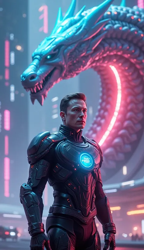  Elon Musk Futurist visionary ,  manipulates advanced technologies and cosmic energy .
He has a mechanical plasma dragon lying behind him,  with scales that glow in neon lights and sharp energy claws .
Elon Musks battle suit  :  Ultra-technological combat ...