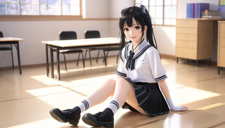 ((masterpiece)), (( best quality)), (( high definition )), (( Highly Detailed CG Unity 8K Wallpaper )), Alone,  Tachibana Kanade ,   black skirt ,  white socks ,  Little Smiles , classroom