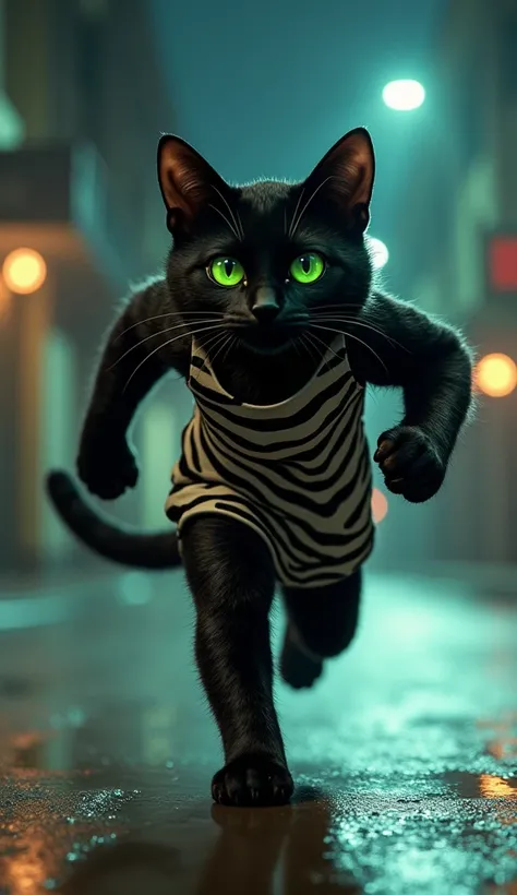 In cinematic 3D style ,HD image, realistic image ,colourful image and 3D rendering.
character,A muscular big black cat with piercing green eyes, dressed in a wearing a zebra white and black striped dress, running very fast
character,It is night time, a mus...