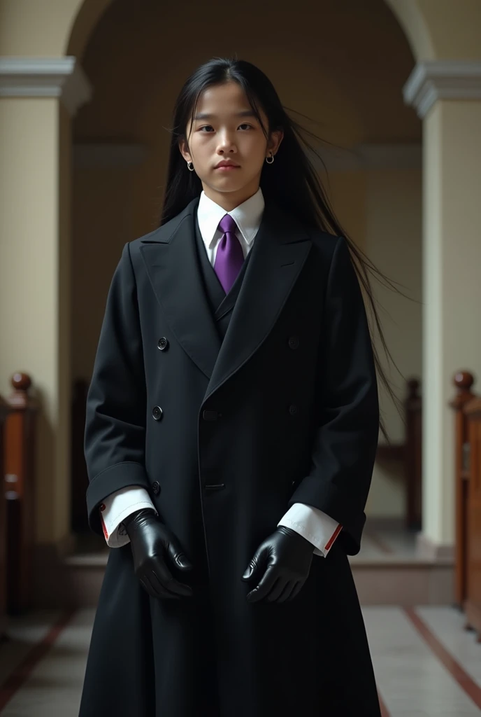 Live Action pre teen Asian boy with Long Flowing black Hair, With a Stoic Expression, Wearing a LONG Sleeved, Baggy Black Double Breasted Suit that reaches the ground over a Baggy White Dress shirt Properly Tucked in With The Sleeves with cuffs Covering th...