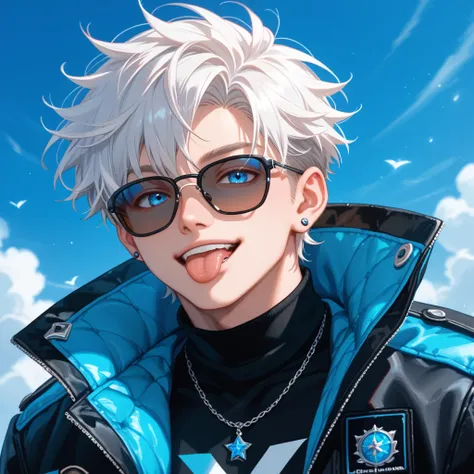 
A male anime character with spiky white hair.

Bright blue eyes with an intense, cheerful expression.

The character is wearing a dark outfit, likely a black high-collar shirt or jacket.

He is holding black sunglasses, slightly lowered, revealing his eye...