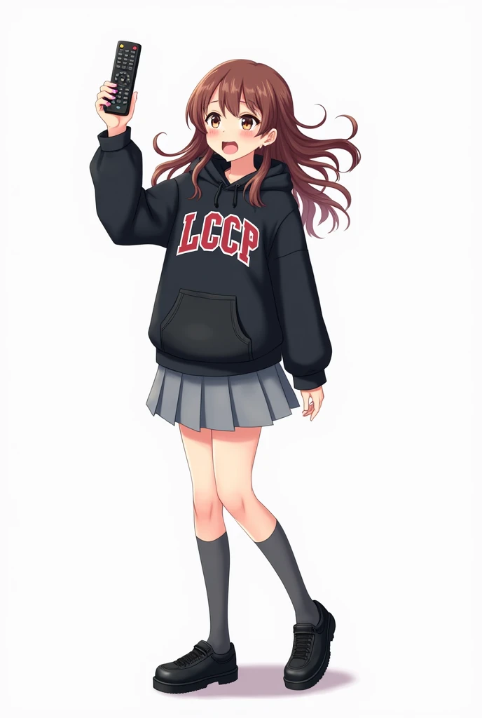 Teenage woman looking forward and brown hair standing in front and her legs and wearing black leather shoes and knee-length gray socks And black hooded poleron with white letters Athletic-style font LCCP on her chest with pink nails gray skirt anime image ...