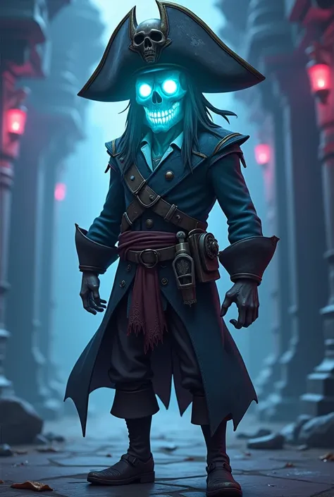  to create an image of a ghost pirate .  His drawing style is like a character from the game Fortnite . He wears a wide pirate hat , his face is semi-transparent like a fluorescent glow in his eyes and face of evil.  his clothes are worn out and are what a...