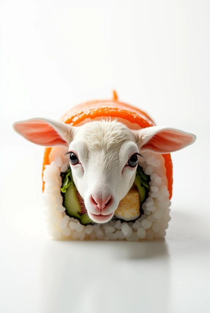 a lambs head in a sushi roll, white background