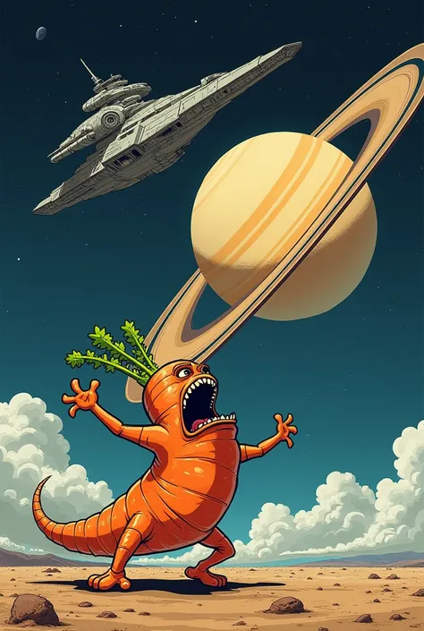 A dumb vegetable tries to eat all of Saturn  ,  but a huge starship from star war arrives to him