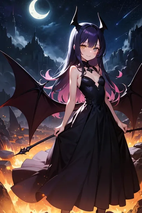 ((  best quality  )),((Masterpiece )), (  detail ),girl,  purple hair ,Long hair,  yellow eyes , black-eyed widow ,Devil Mountain, small breasts, evil smile , Black Long Dress ,Bat wings, whole body ,nighttime, stars in the sky,Dress handle 
