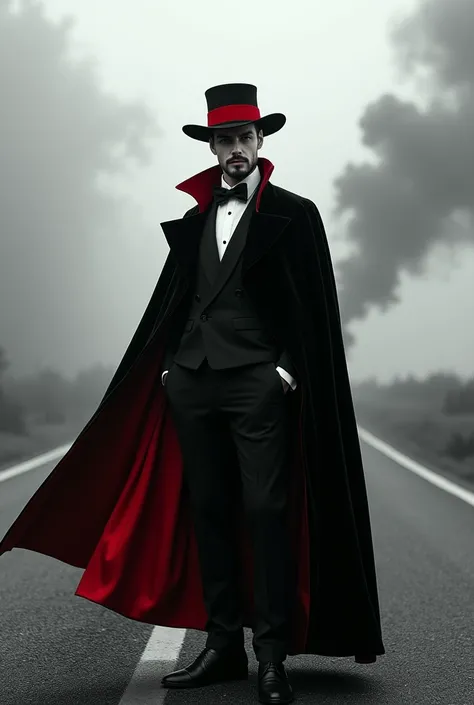 
 Create an image of a man on the margin of 39 years ,  white with black goatee and black hair with a social cut , with a black and white Smoke ,  a velvety black cape on the outside and velvety red on the inside ,  and with a black hat and a red stripe on...