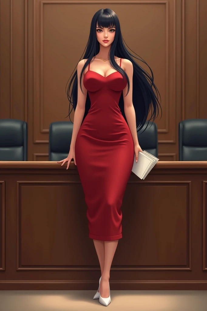 Young woman of 24 years old, wearing a red dress with wide straps that reaches her knees and white heels, her body is large breasts, small waist, wide hips, long black hair with bangs, in her hand a folder with documents, she is in a court, standing in fro...