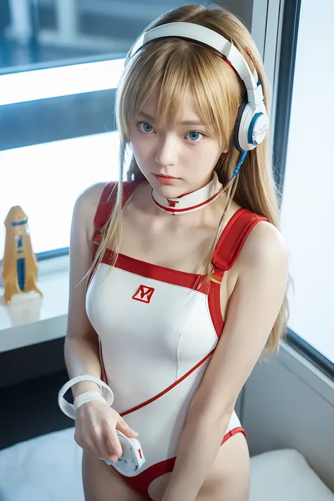 (Overhead view),dynamic angle,ultra-detailed, illustration, close-up, straight on, 1girl, 
 ((souryuu asuka langley, interface headset, red bodysuit:1.4, blonde)),Her eyes shone like dreamy stars,(glowing eyes:1.233),(beautiful and detailed eyes:1.1),(expr...