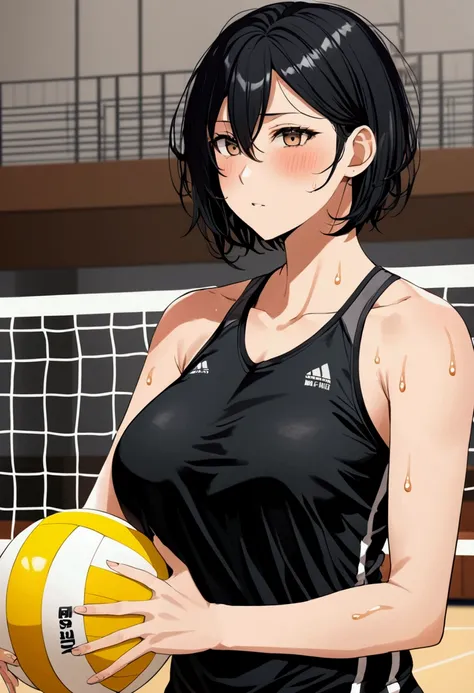  A female athlete with short hair in the color black ,  Big breasts ,  shes a volleyball player shes the hottest and most popular at school and , Shes sweating and her shirt has become transparent because of sweat 