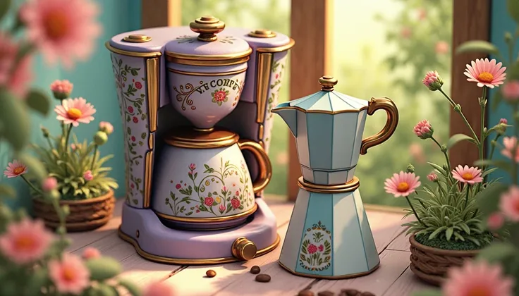 Vintage coffee maker nature warm and cozy colors purple and pastel blue decorated with green colors ,  with hanging plants and pastel-colored flowers for decoration, creating an atmosphere of peace, harmony and love 