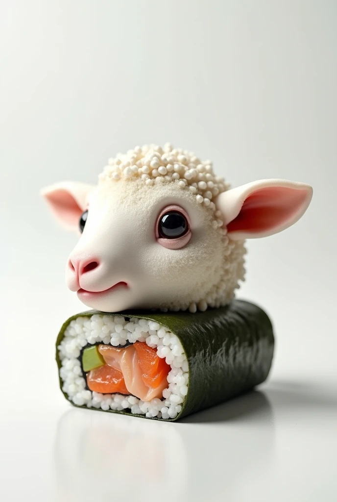 a lambs head on sushi, side view, white background