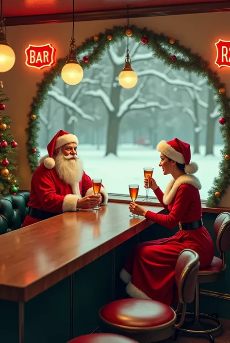 Vintage mode , Santa Claus and Mrs. Claus drinking cocktails and drinks at a bar in a bar from the 1950s and outside through a window you can see that its snowing vintage way