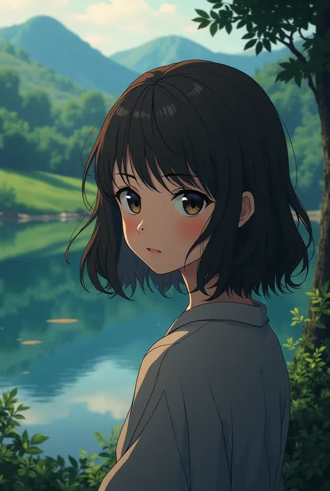  wallpaper for a computer,  that is Japanese-style and anime , with Japanese-style landscapes ,  with a girl with brown hair and dark brown eyes ,  with wavy hair up to her shoulders and with a small mole on her cheek. that it is anime style. Make it a lar...