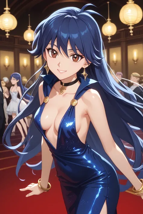 Saotome Rei, anime screencap,
aarei, long hair, blue hair, brown eyes, small breasts, cleavage, medium breasts,  dark blue evening dress with plunging neckline, golden earrings, golden rings, black choker with shining rhinestones, sideboobs, looking at vie...